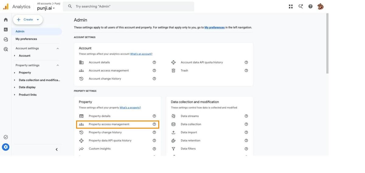 GA4 Admin — Property settings → Property access management (highlighted)