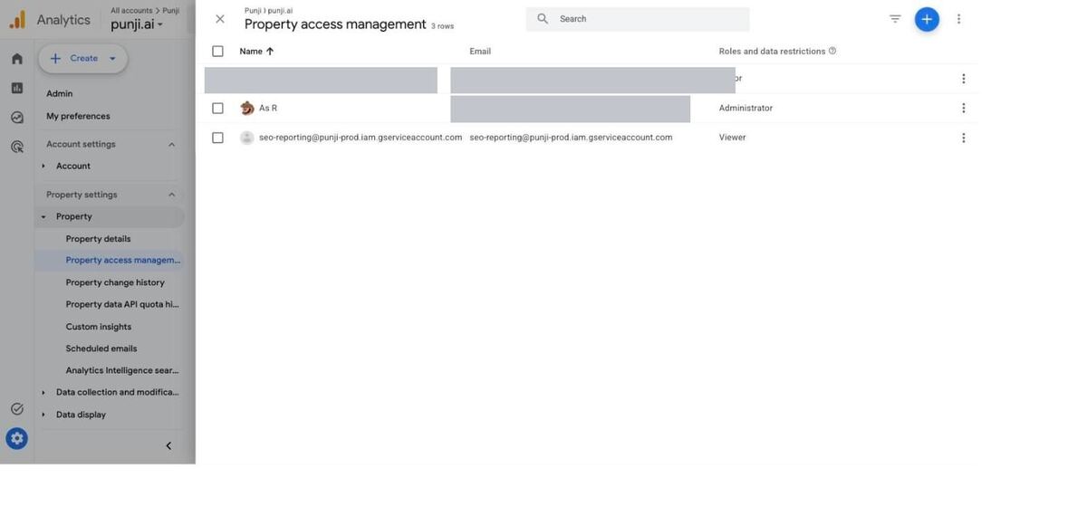 Property access management — service account added with the Viewer role