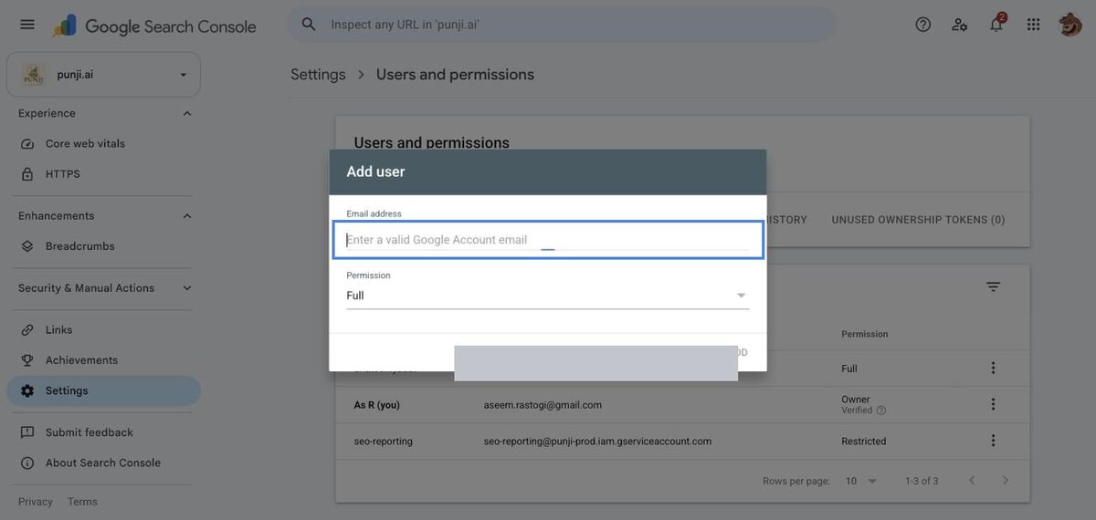 Add user — enter the service account email from Step 1