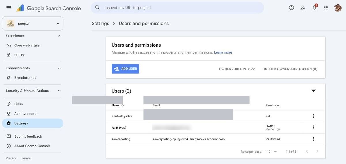 Users and permissions — click ADD USER
